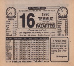 16 Temmuz 1990 Takvim Yaprağı EFM(N)2026 - 2