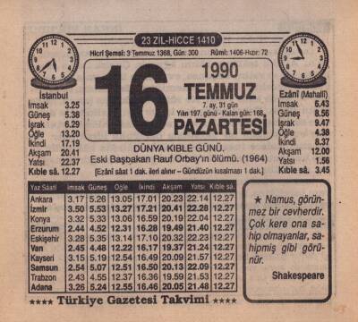 16 Temmuz 1990 Takvim Yaprağı EFM(N)2026 - 2