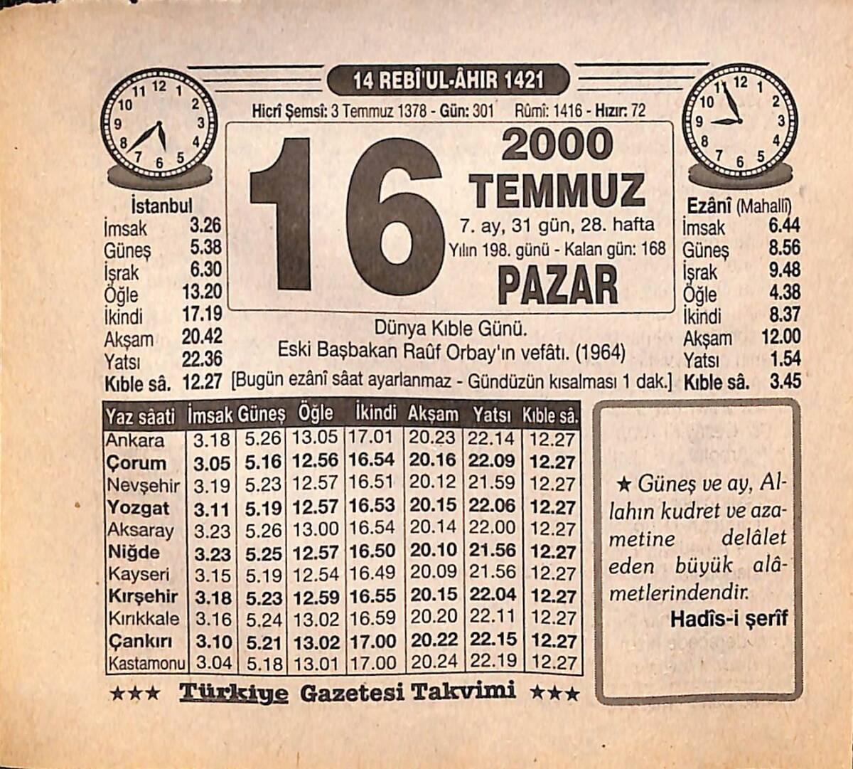 16 Temmuz 2000 Takvim Yaprağı - Doğum Günü Hediyesi EFMN15541 - 1