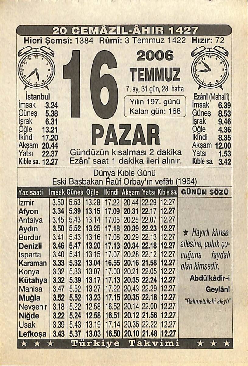 16 Temmuz 2006 Takvim Yaprağı - Doğum Günü Hediyesi EFMN15775 - 1