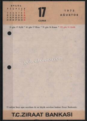 17-18 Ağustos 1973 Ziraat Bankası Takvim Yaprağı EFM626 - 1