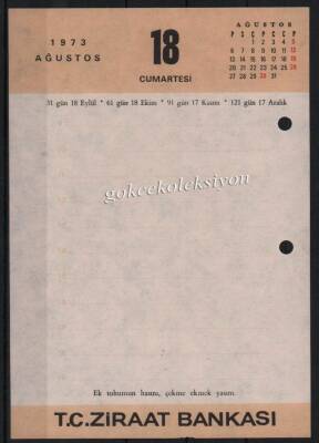 17-18 Ağustos 1973 Ziraat Bankası Takvim Yaprağı EFM626 - 2
