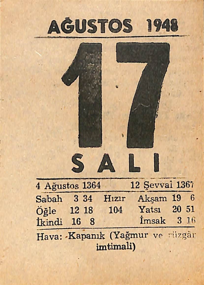 17 Ağustos 1948 Takvim Yaprağı - Doğum Günü Hediyesi EFMN14421 - 1