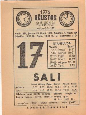 17 Ağustos 1976 Takvim Yaprağı EFM(N)2403 - 1