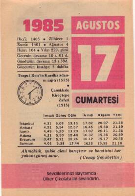 17 Ağustos 1985 Takvim Yaprağı EFM(N)2405 - 1