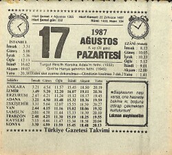 17 Ağustos 1987 Takvim Yaprağı - Doğum Günü Hediyesi EFMN13921 - Gökçekoleksiyon