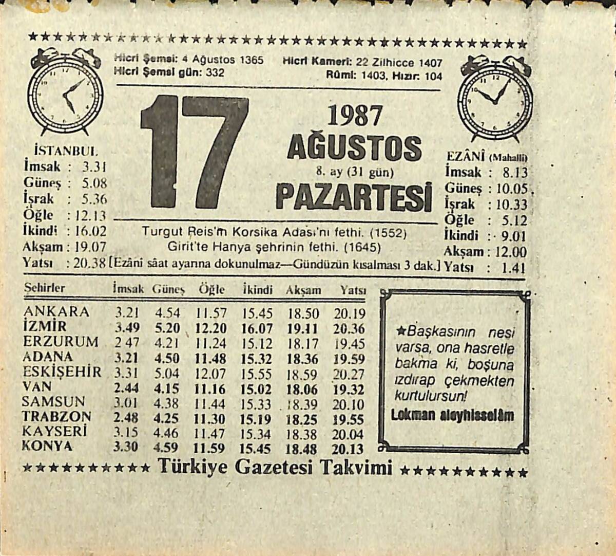 17 Ağustos 1987 Takvim Yaprağı - Doğum Günü Hediyesi EFMN13921 - 1