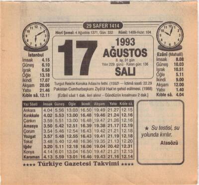 17 Ağustos 1993 Takvim Yaprağı EFM(N)2410 - 1