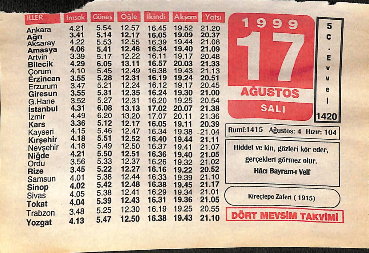 17 Ağustos 1999 Takvim Yaprağı - Doğum Günü Hediyesi EFMN14039 - 1