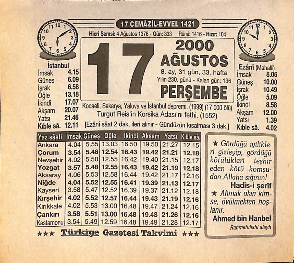 17 Ağustos 2000 Takvim Yaprağı - Doğum Günü Hediyesi EFMN14274 - 1