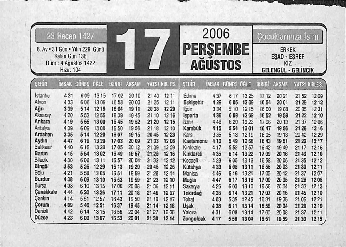 17 Ağustos 2006 Takvim Yaprağı - Doğum Günü Hediyesi EFMN14164 - 1