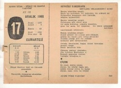 17 Aralık 1960 Ajans Türk Takvim Yaprağı (Şiirli Saatli) EFM(N) 1813 - 2