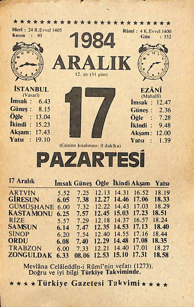 17 Aralık 1984 Takvim Yaprağı - Doğum Günü Hediyesi EFMN14507 - 1