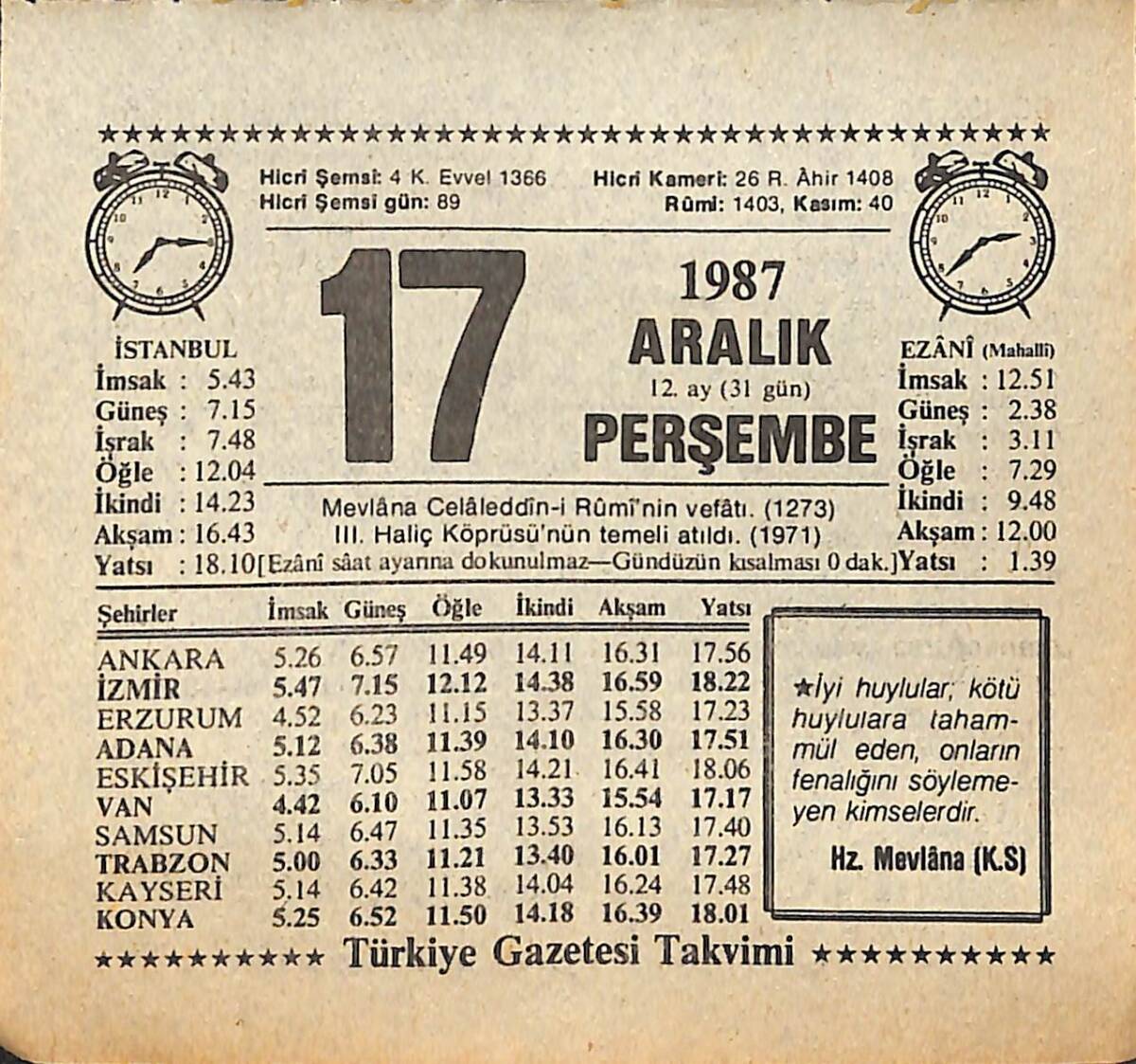 17 Aralık 1987 Takvim Yaprağı - Doğum Günü Hediyesi EFMN14994 - 1