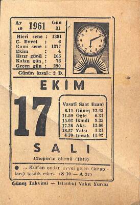 17 Ekim 1961 Takvim Yaprağı - Doğum Günü Hediyesi EFM(N)11335 - 1