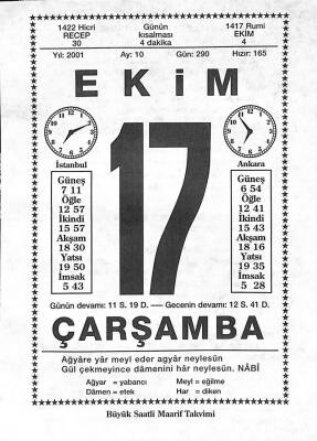 17 Ekim 2001 Takvim Yaprağı - Doğum Günü Hediyesi EFM(N)10484 - 2