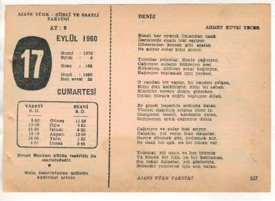 17 Eylül 1960 Ajans Türk Takvim Yaprağı (Şiirli Saatli) EFM(N) 1724 - 3