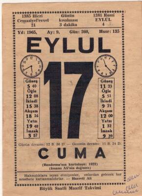 17 Eylül 1965 Takvim Yaprağı EFM(N)3627 - 3