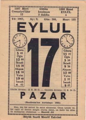 17 Eylül 1967 Takvim Yaprağı EFM(N)3626 - 1