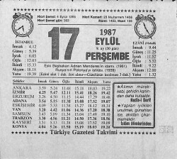 17 Eylül 1987 Takvim Yaprağı - Doğum Günü Hediyesi EFMN13952 - Gökçekoleksiyon