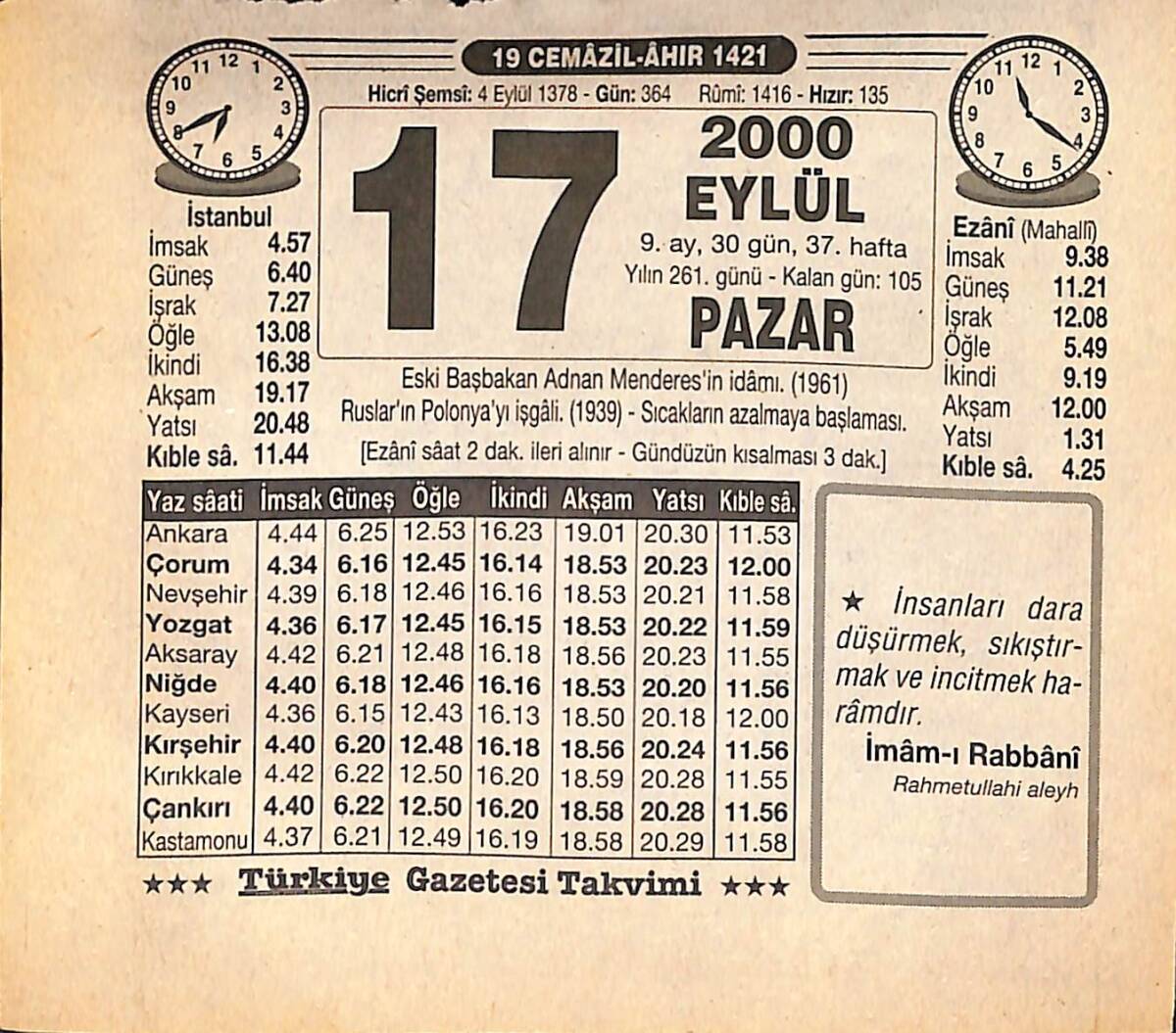17 Eylül 2000 Takvim Yaprağı - Doğum Günü Hediyesi EFMN14243 - 1