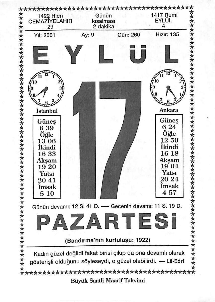17 Eylül 2001 Takvim Yaprağı - Doğum Günü Hediyesi EFMN14182 - 1