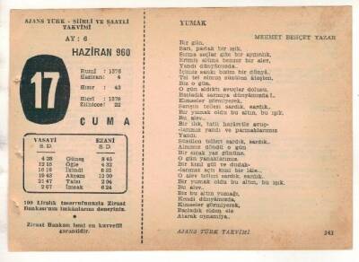 17 Haziran 1960 Ajans Türk Takvim Yaprağı (Şiirli Saatli) EFM(N)1634 - 4