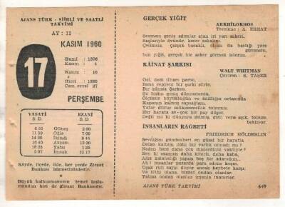 17 Kasım 1960 Ajans Türk Takvim Yaprağı (Şiirli Saatli) EFM(N) 1783 - 3
