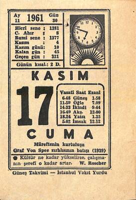 17 Kasım 1961 Takvim Yaprağı - Doğum Günü Hediyesi EFM(N)11237 - 1