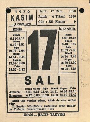 17 Kasım 1970 Takvim Yaprağı - Doğum Günü Hediyesi EFM(N)10749 - 2