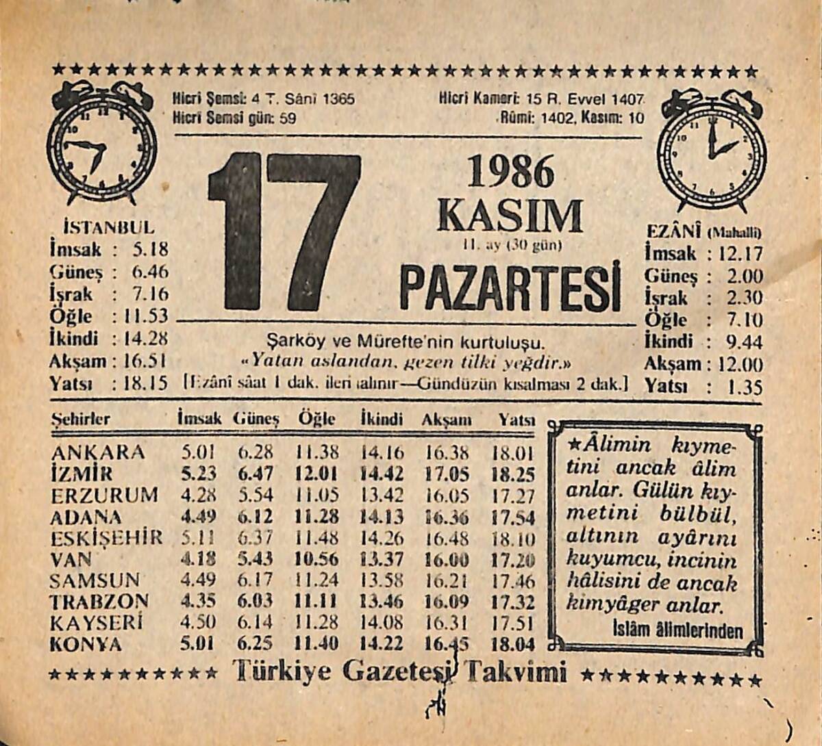 17 Kasım 1986 Takvim Yaprağı - Doğum Günü Hediyesi EFMN14885 - 1