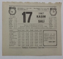 17 Kasım 1987 Takvim Yaprağı - Doğum Günü Hediyesi EFM(N)7156 - Gökçekoleksiyon