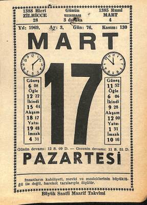 17 Mart 1969 Takvim Yaprağı - Doğum Günü Hediyesi EFM(N)10998 - 1