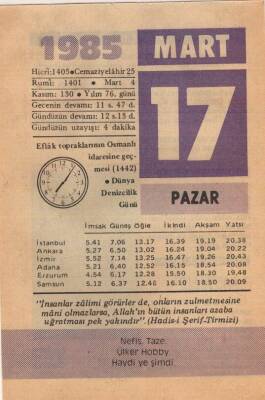17 Mart 1985 Takvim Yaprağı EFM(N)6111 - 1