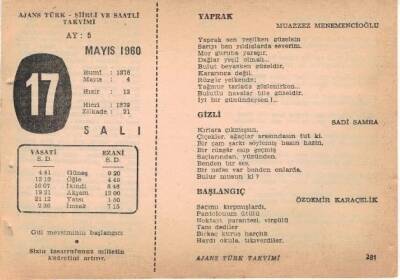 17 Mayıs 1960 Ajans Türk Takvim Yaprağı (Şiirli Saatli) EFM(N)1604 - 1