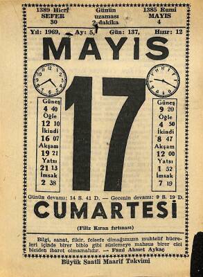 17 Mayıs 1969 Takvim Yaprağı - Doğum Günü Hediyesi EFM(N)11105 - 1