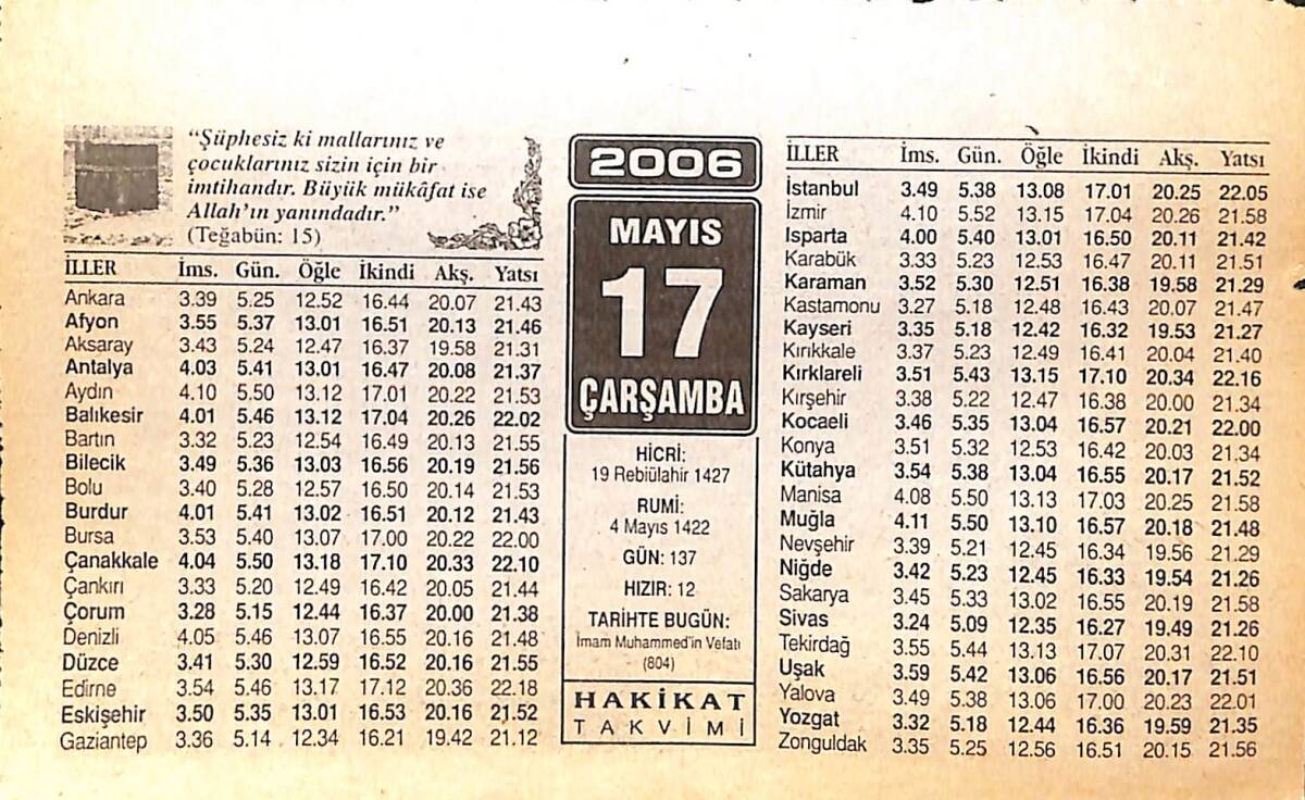 17 Mayıs 2006 Takvim Yaprağı - Doğum Günü Hediyesi EFMN13294 - 1