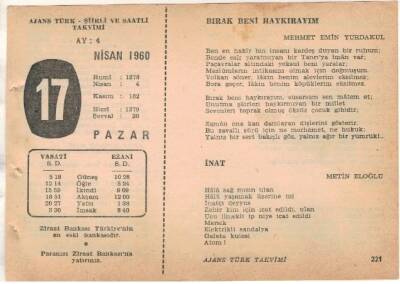 17 Nisan 1960 Ajans Türk Takvim Yaprağı (Şiirli Saatli) EFM(N)1574 - 2