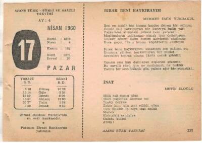 17 Nisan 1960 Ajans Türk Takvim Yaprağı (Şiirli Saatli) EFM(N)1574 - 1