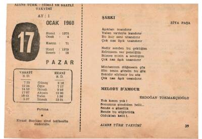 17 Ocak 1960 Ajans Türk Takvim Yaprağı(Şiirli Saatli) EFM(N)1095 - 5