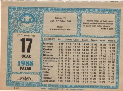 17 Ocak 1988 Takvim Yaprağı EFM(N)4911 - Gökçekoleksiyon