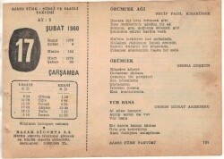 17 Şubat 1960 Ajans Türk Takvim Yaprağı (Şiirli Saatli) EFM(N)1515 - 1