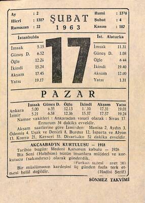 17 Şubat 1963 Takvim Yaprağı - Doğum Günü Hediyesi EFM(N)11415 - 1