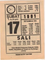 17 Şubat 1981 Takvim Yaprağı EFM(N)5424 - Gökçekoleksiyon