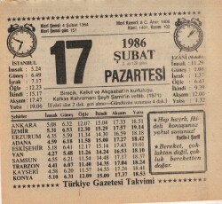 17 Şubat 1986 Takvim Yaprağı EFM(N)5228 - Gökçekoleksiyon