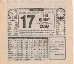 17 Şubat 1989 Takvim Yaprağı EFM(N)5369 - Gökçekoleksiyon