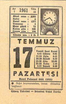 17 Temmuz 1961 Takvim Yaprağı - Doğum Günü Hediyesi EFM(N)11445 - 1