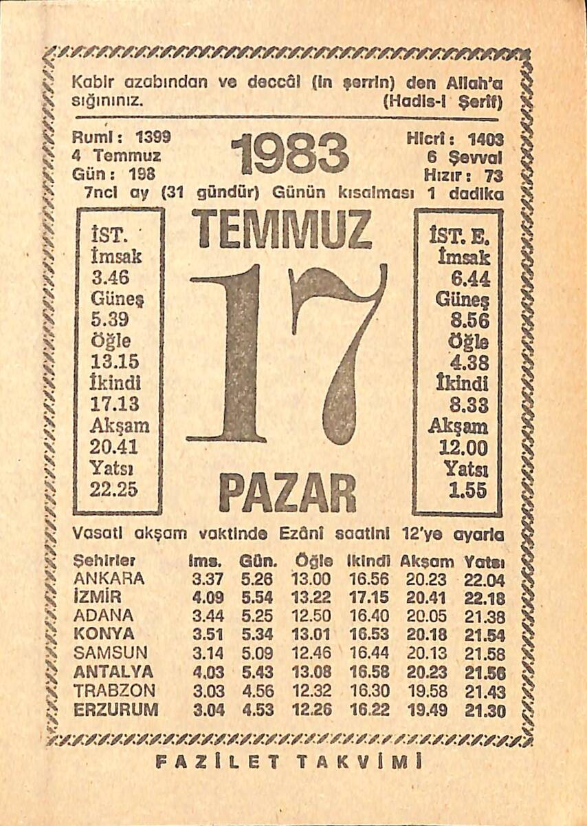 17 Temmuz 1983 Takvim Yaprağı - Doğum Günü Hediyesi EFMN15407 - 1