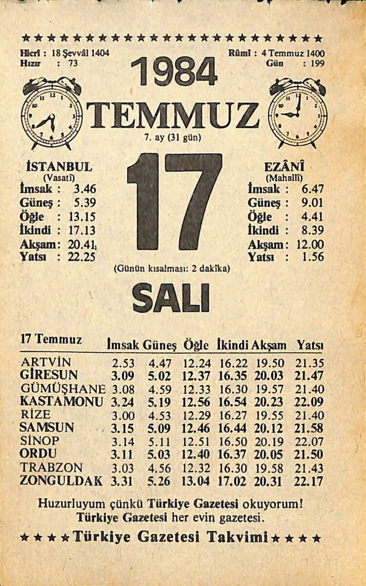 17 Temmuz 1984 Takvim Yaprağı - Doğum Günü Hediyesi EFMN15795 - 1