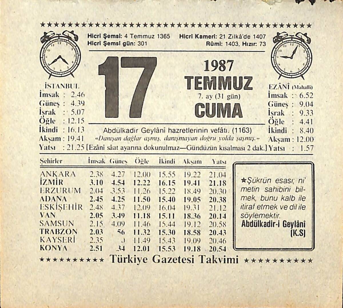 17 Temmuz 1987 Takvim Yaprağı - Doğum Günü Hediyesi EFMN13829 - 1